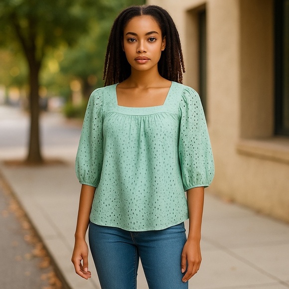 LC LAUREN CORAD TURQUOISE CASUAL EYELET OVERLAY PASTEL SUMMER TOP BLOUSE SIZE XS - Picture 1 of 9